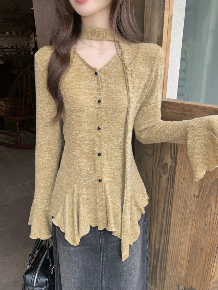 V-neck temperament tops trumpet sleeves Korean style shirt