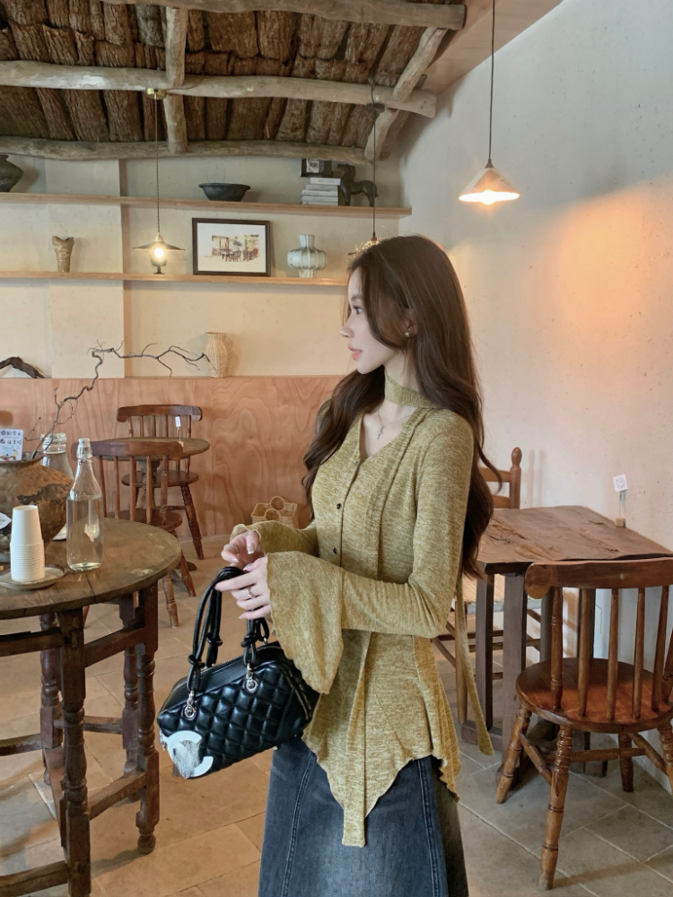 V-neck temperament tops trumpet sleeves Korean style shirt