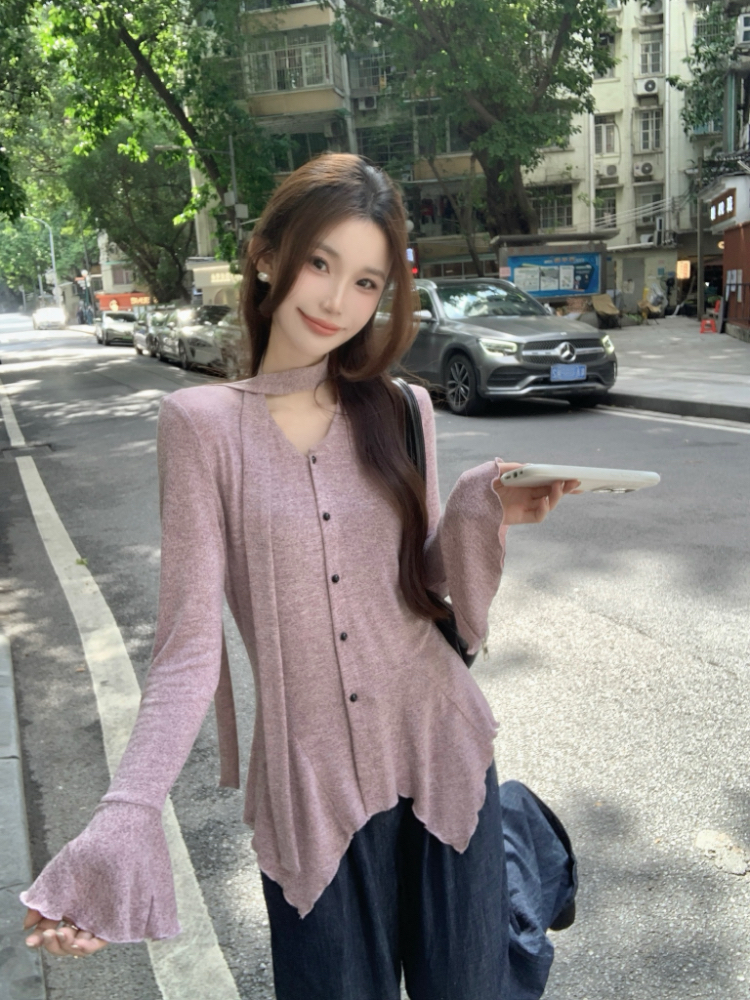 V-neck temperament tops trumpet sleeves Korean style shirt