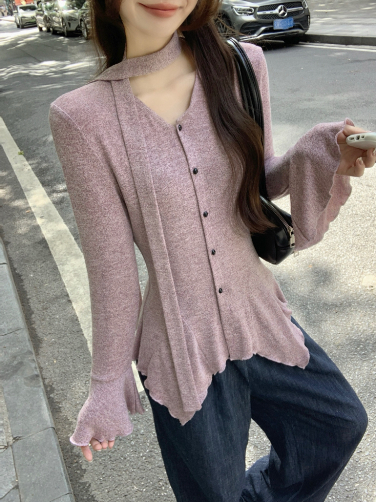 V-neck temperament tops trumpet sleeves Korean style shirt