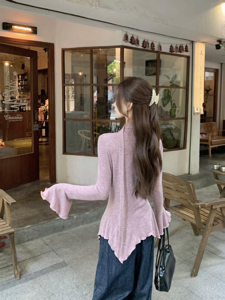 V-neck temperament tops trumpet sleeves Korean style shirt