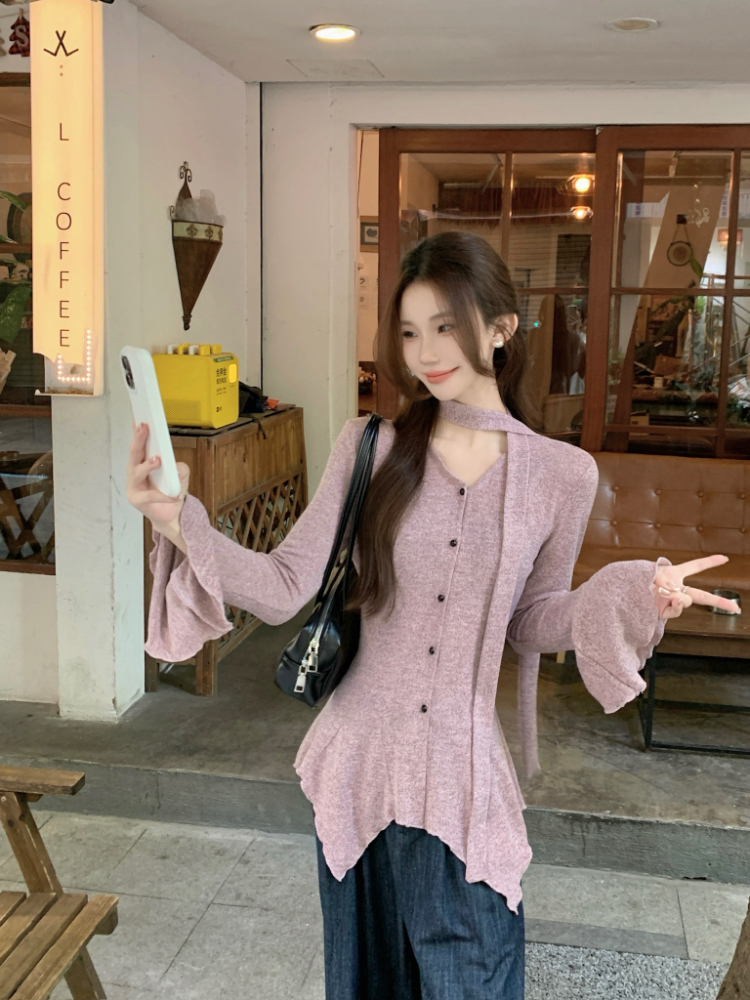 V-neck temperament tops trumpet sleeves Korean style shirt