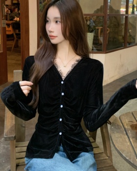 Fold temperament bottoming shirt sweet V-neck shirt for women
