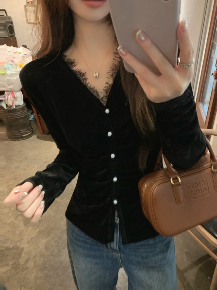 Fold temperament bottoming shirt sweet V-neck shirt for women
