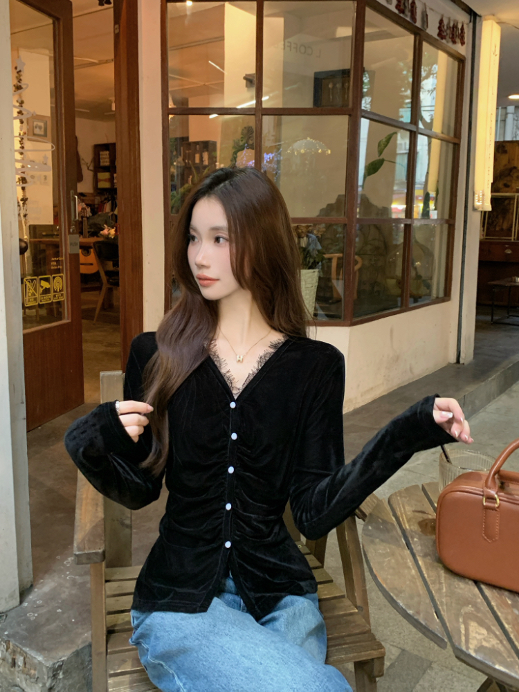 Fold temperament bottoming shirt sweet V-neck shirt for women