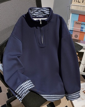 Plus velvet thermal tops cstand collar Pseudo-two hoodie for men