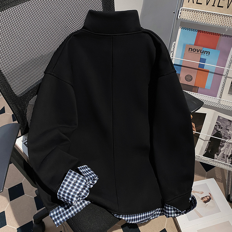 Plus velvet thermal tops cstand collar Pseudo-two hoodie for men