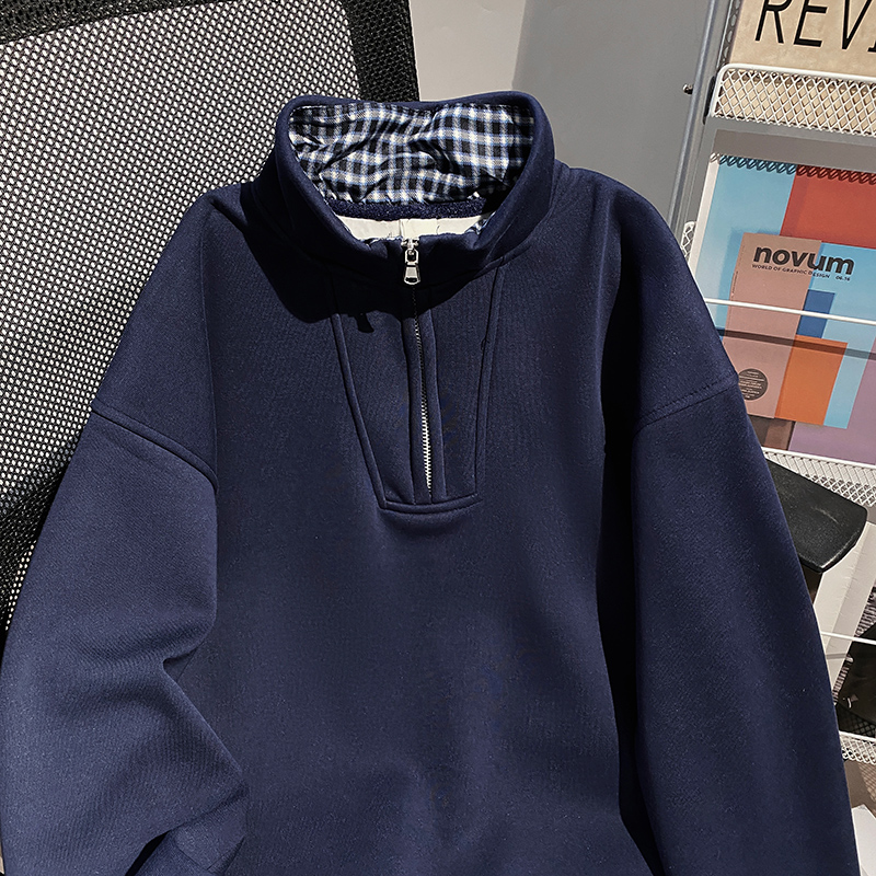 Plus velvet thermal tops cstand collar Pseudo-two hoodie for men