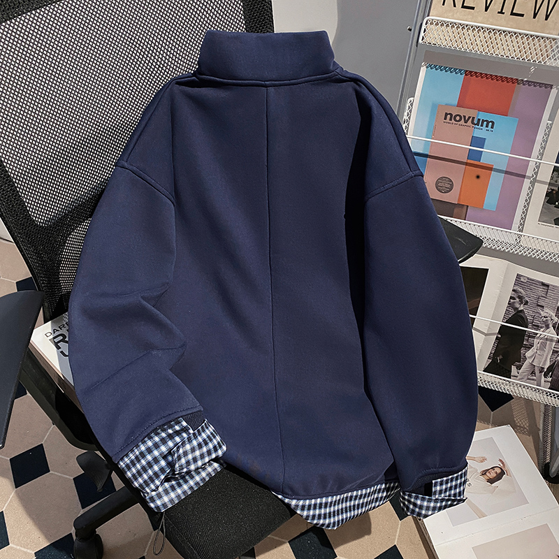 Plus velvet thermal tops cstand collar Pseudo-two hoodie for men