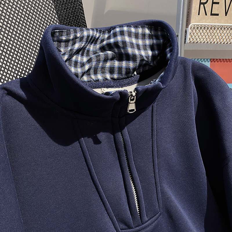 Plus velvet thermal tops cstand collar Pseudo-two hoodie for men