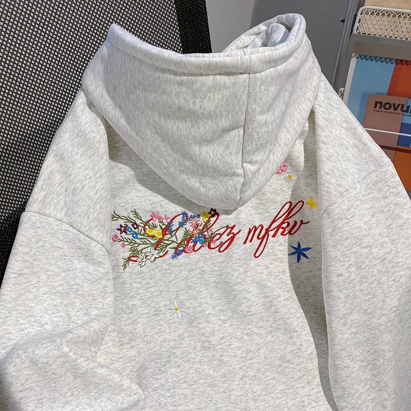 Embroidered flowers tops Korean style hoodie for women
