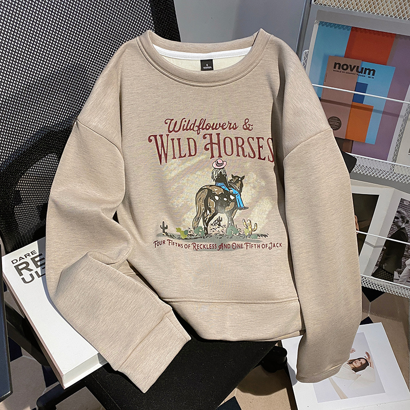 Plus velvet loose tops round neck thermal hoodie for women