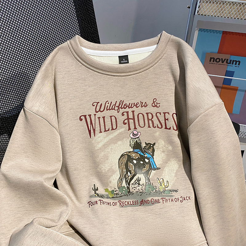 Plus velvet loose tops round neck thermal hoodie for women