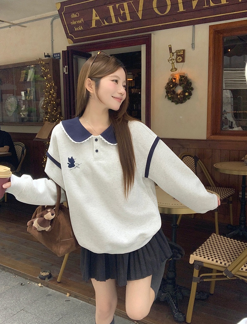 Autumn and winter embroidery hoodie plus velvet loose tops