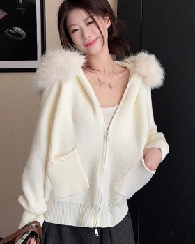 Fur collar thermal cardigan cashmere bottoming shirt
