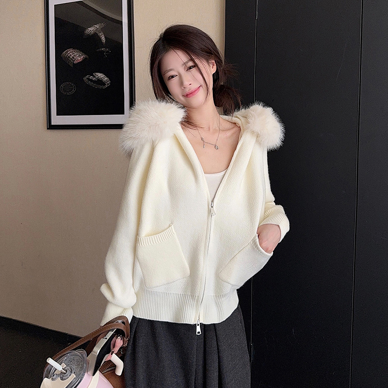 Fur collar thermal cardigan cashmere bottoming shirt