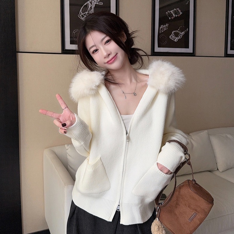 Fur collar thermal cardigan cashmere bottoming shirt