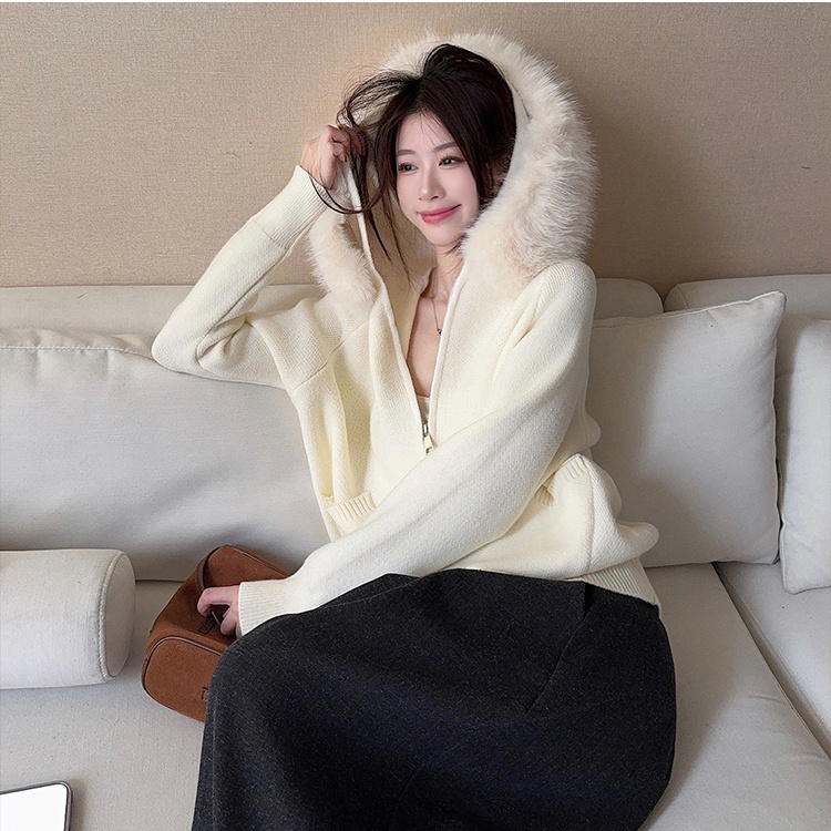 Fur collar thermal cardigan cashmere bottoming shirt