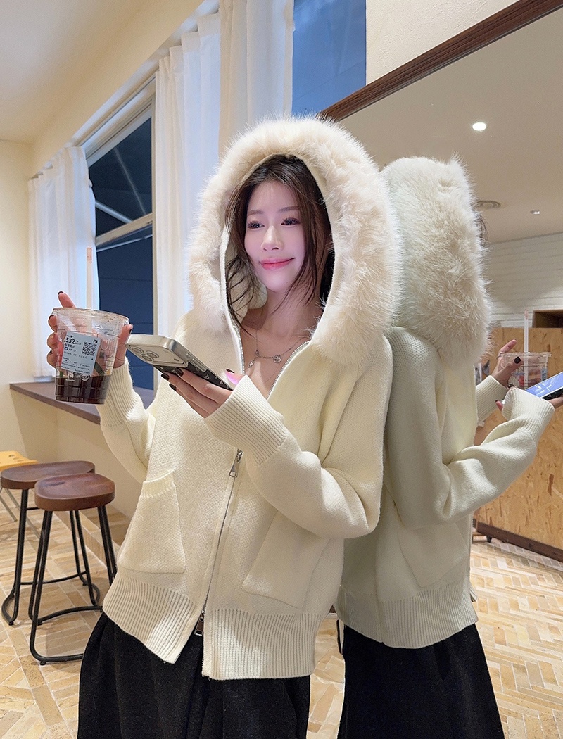 Fur collar thermal cardigan cashmere bottoming shirt