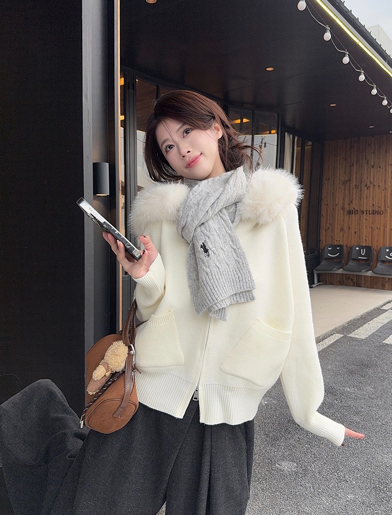 Fur collar thermal cardigan cashmere bottoming shirt