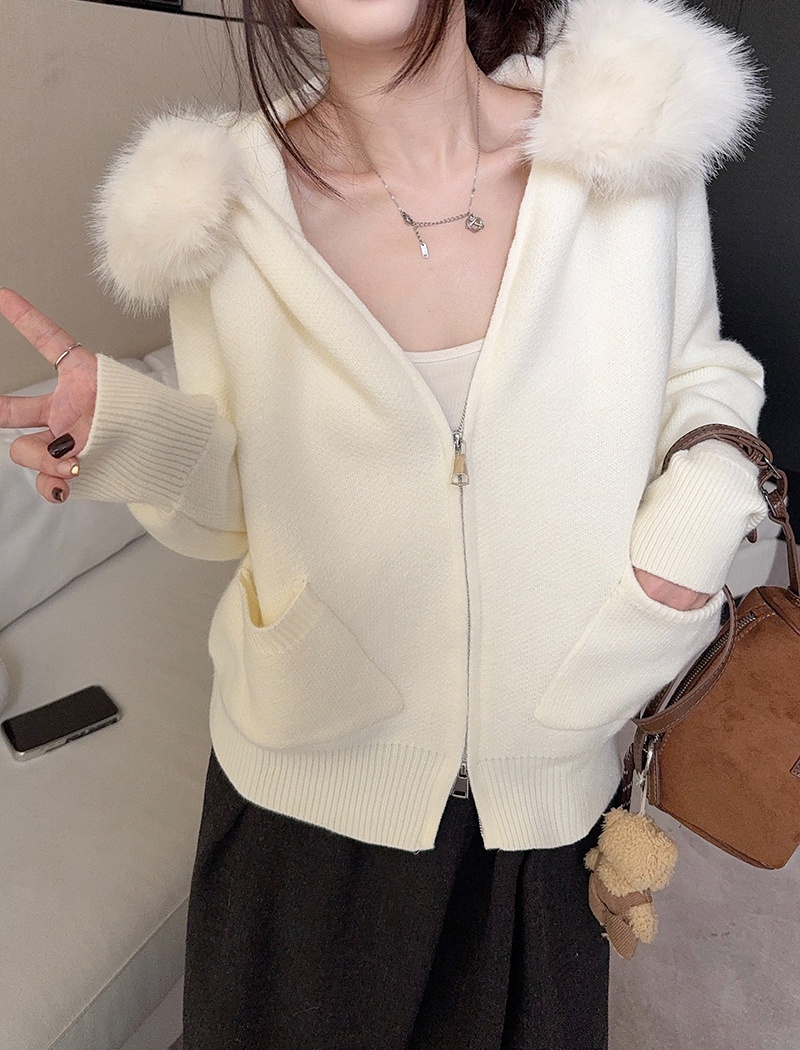 Fur collar thermal cardigan cashmere bottoming shirt