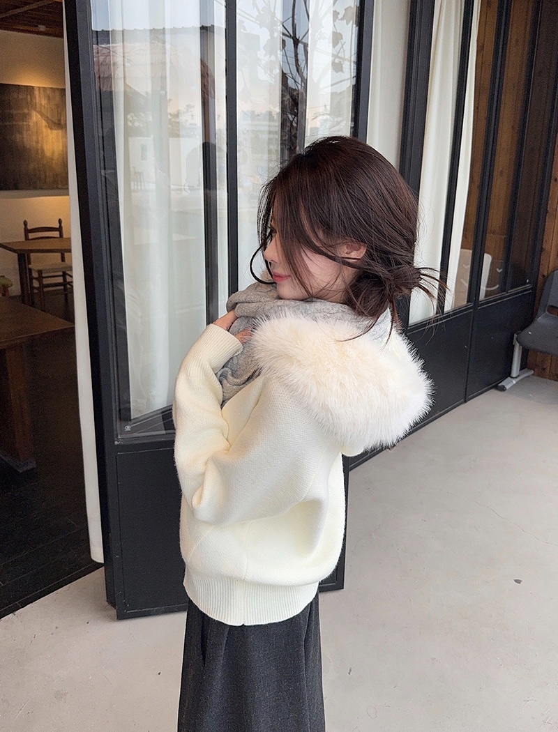 Fur collar thermal cardigan cashmere bottoming shirt