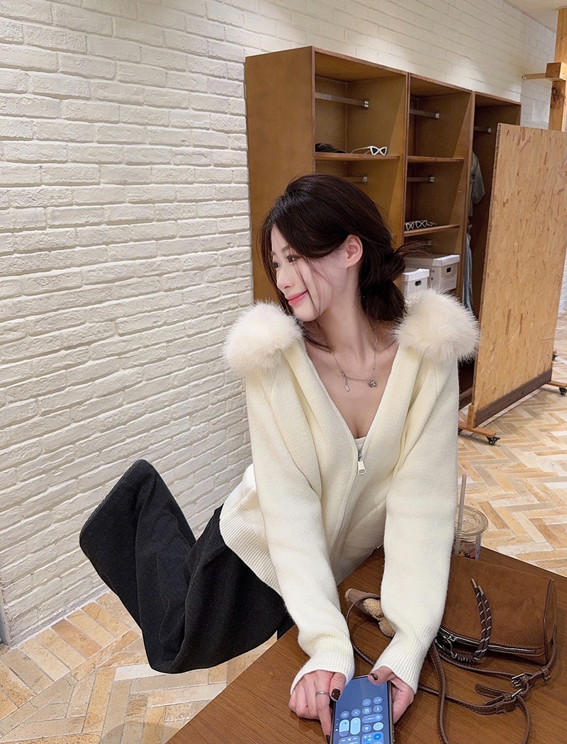 Fur collar thermal cardigan cashmere bottoming shirt