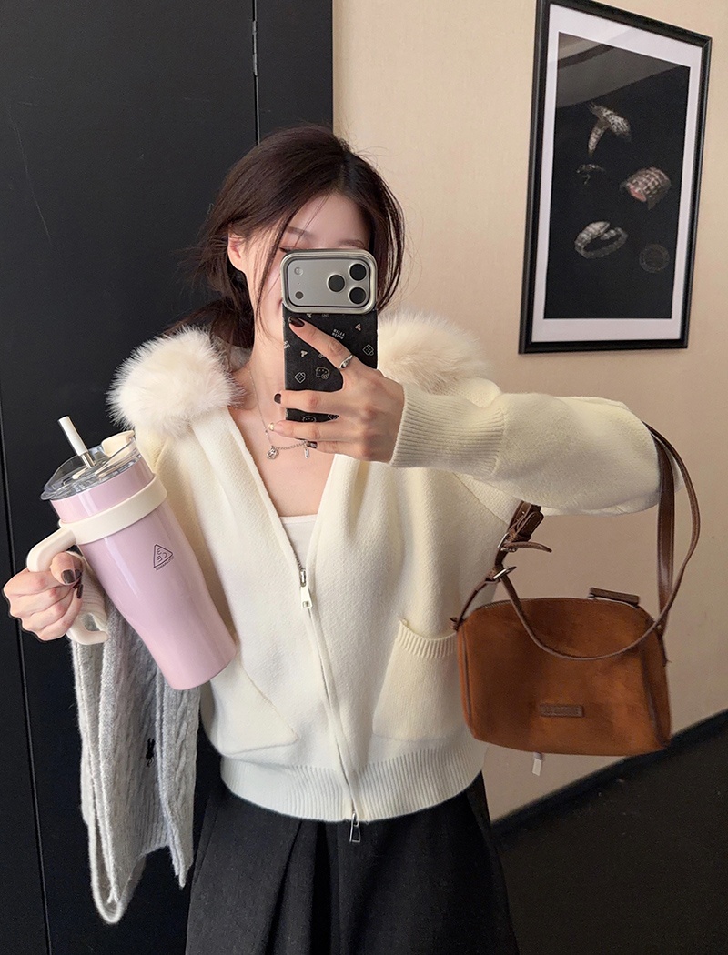 Fur collar thermal cardigan cashmere bottoming shirt