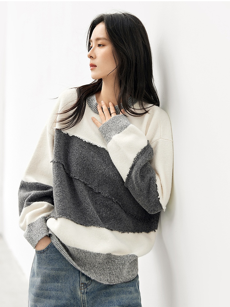 Blending round neck winter splice sweater for women