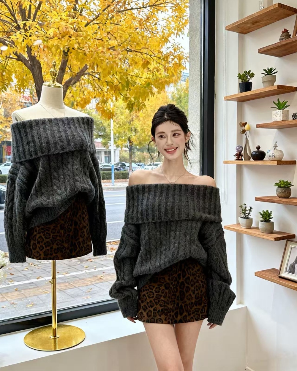 Show young Korean style tops lazy autumn skirt 2pcs set