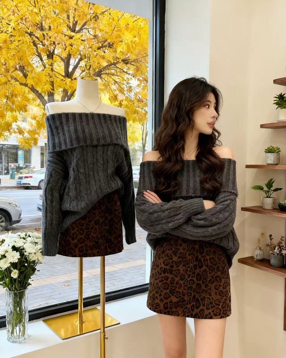 Show young Korean style tops lazy autumn skirt 2pcs set