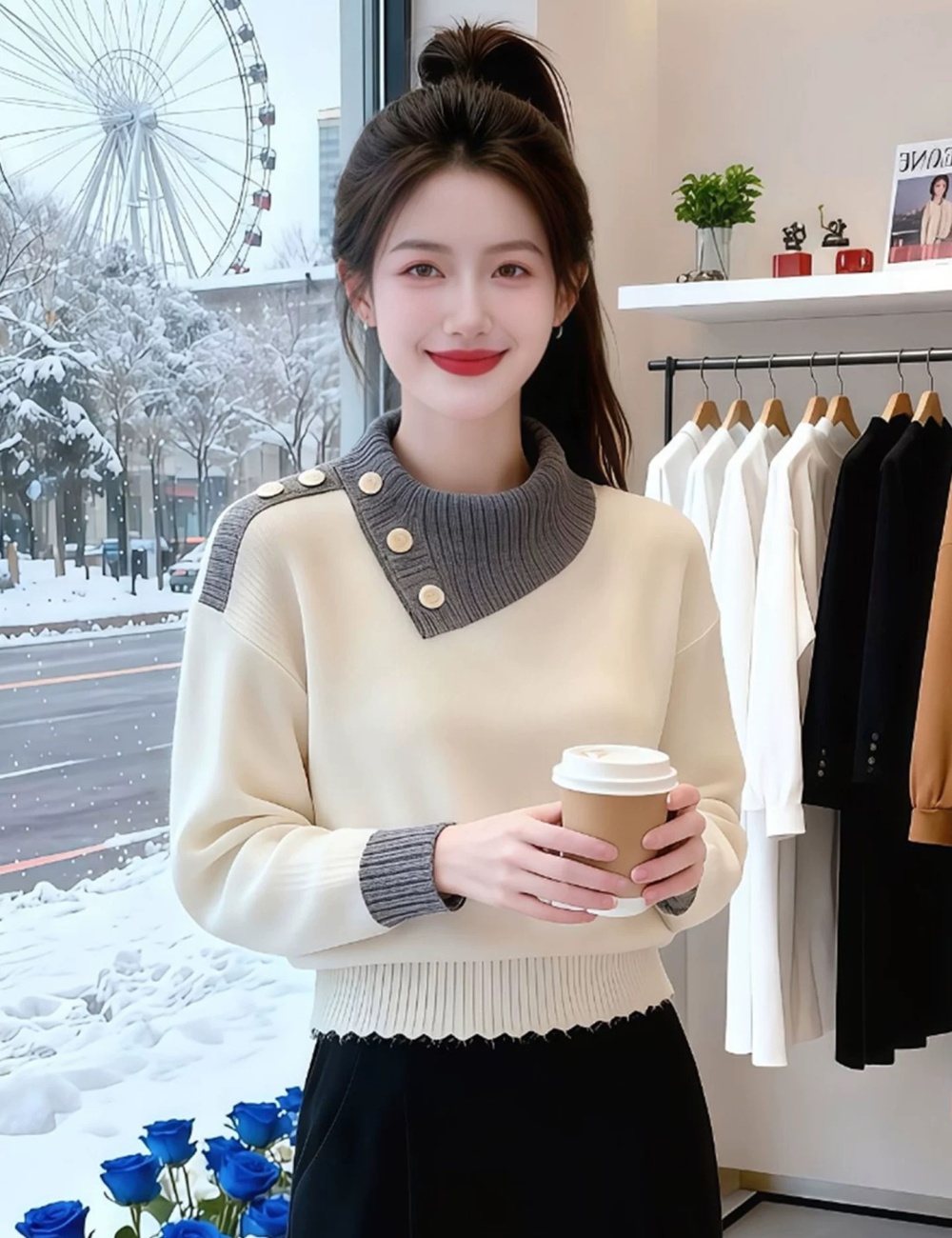 All-match light lapel tops France style Casual sweater