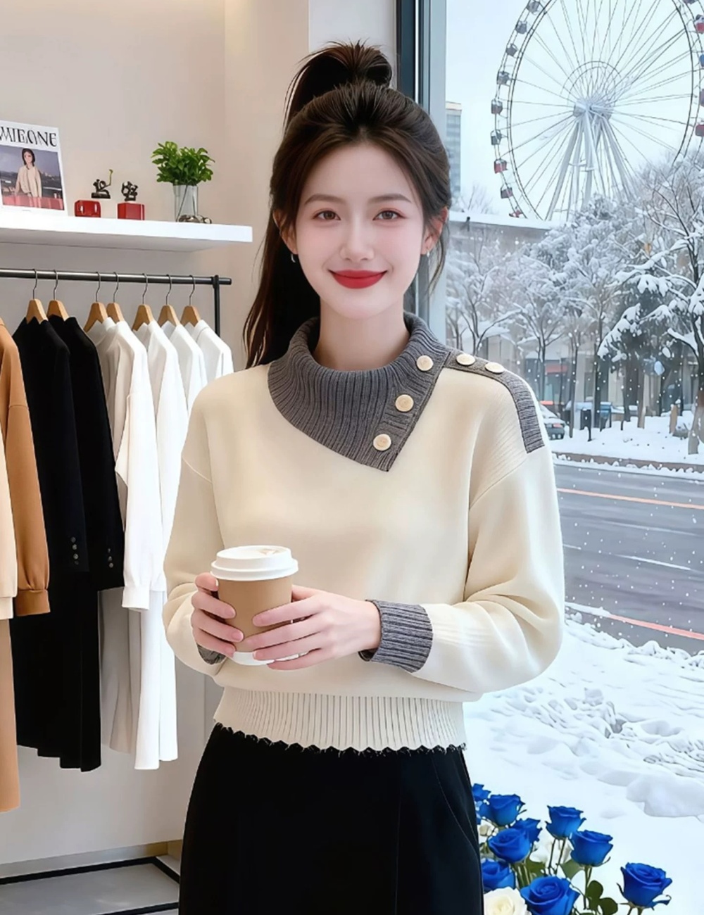 All-match light lapel tops France style Casual sweater