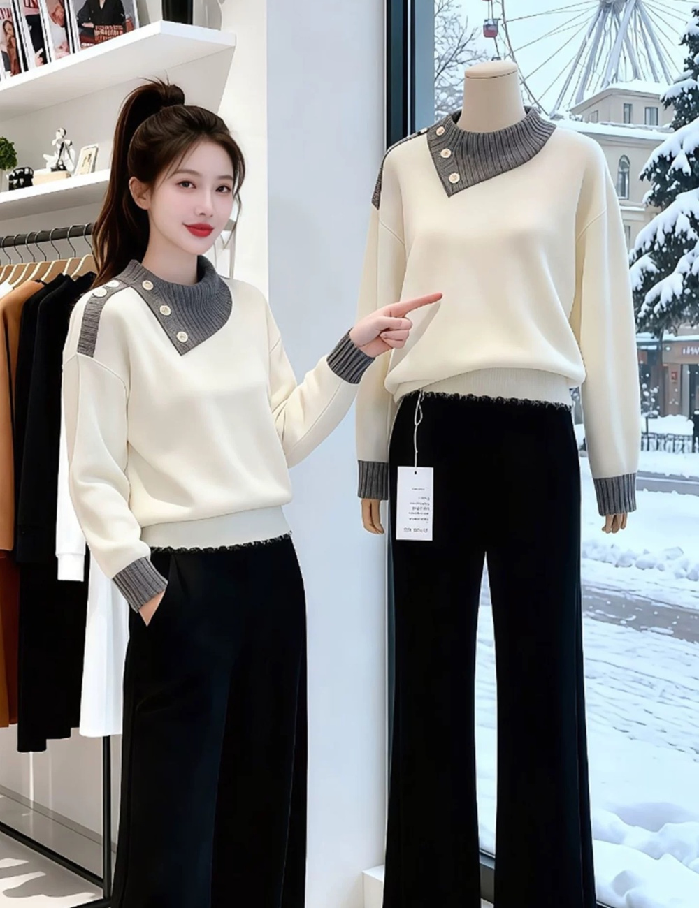 All-match light lapel tops France style Casual sweater