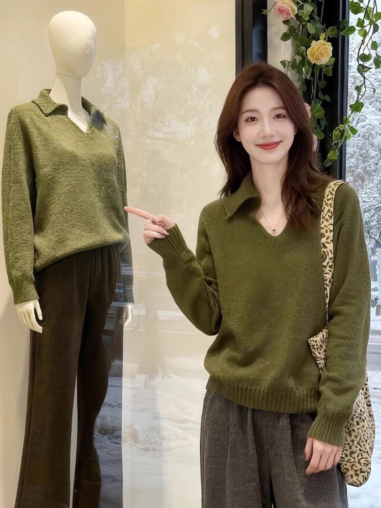 Green lazy loose long sleeve winter sweater for women