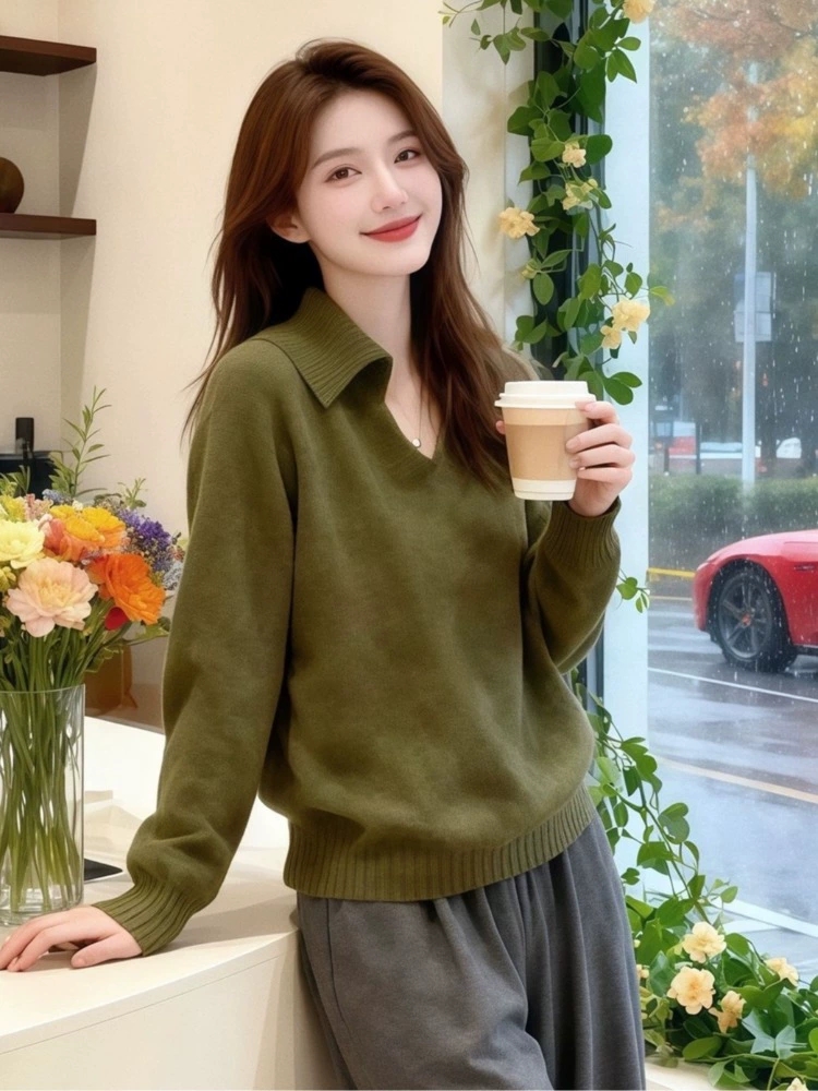 Green lazy loose long sleeve winter sweater for women