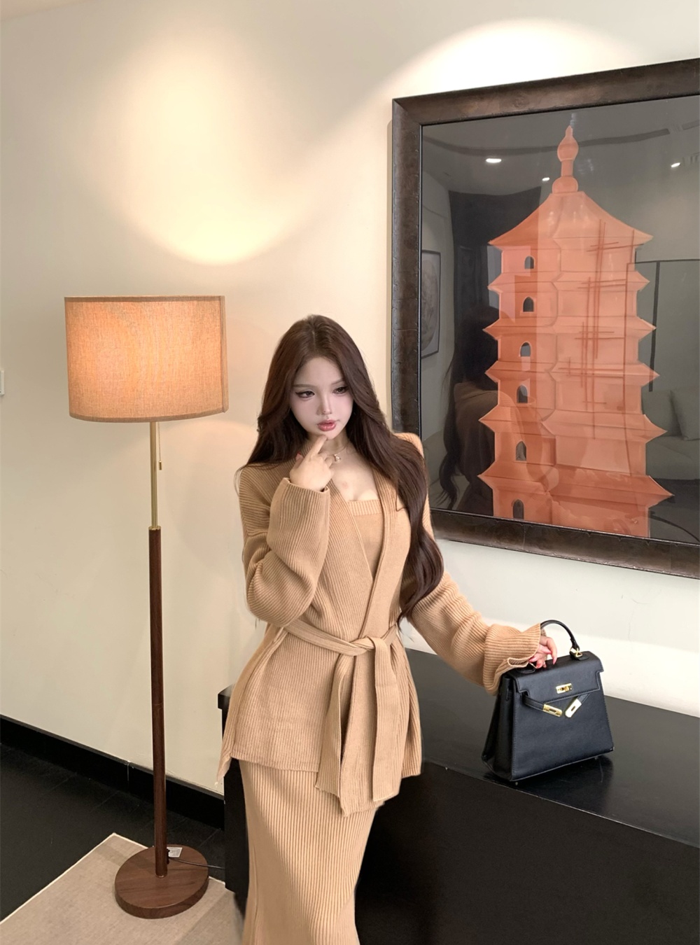 Wrapped chest sweater long skirt 3pcs set for women