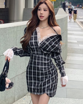 Splice long sleeve dress lace enticement shirt for women