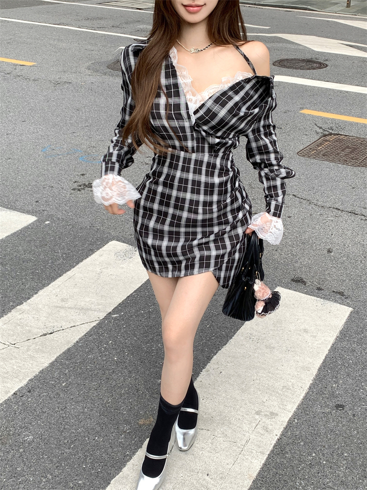 Splice long sleeve dress lace enticement shirt for women