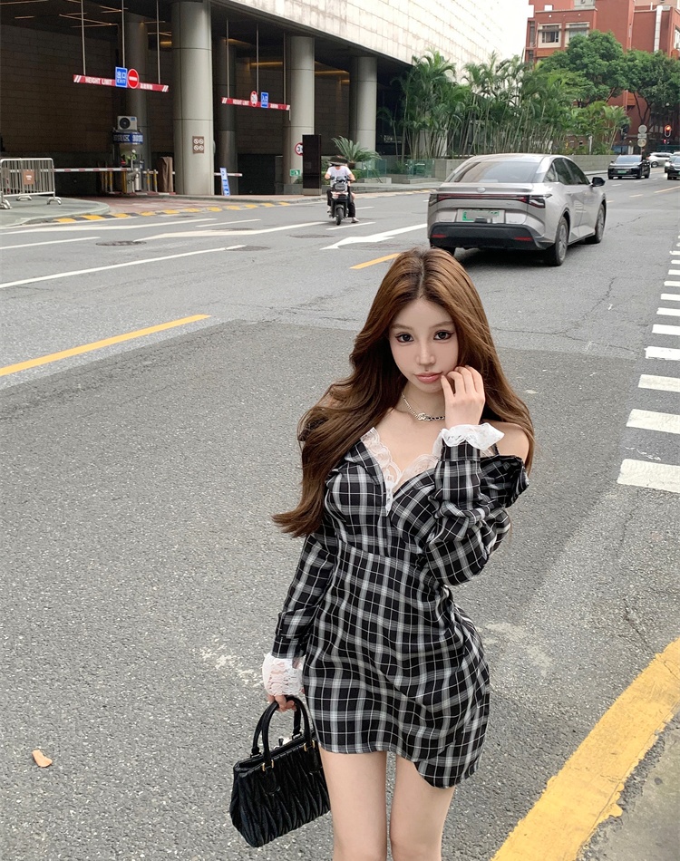 Splice long sleeve dress lace enticement shirt for women