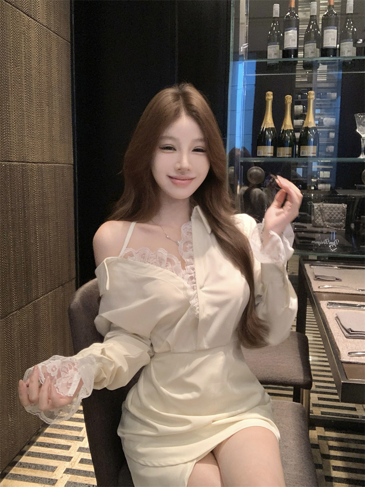 Splice long sleeve dress lace enticement shirt for women