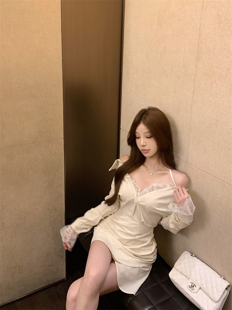 Splice long sleeve dress lace enticement shirt for women