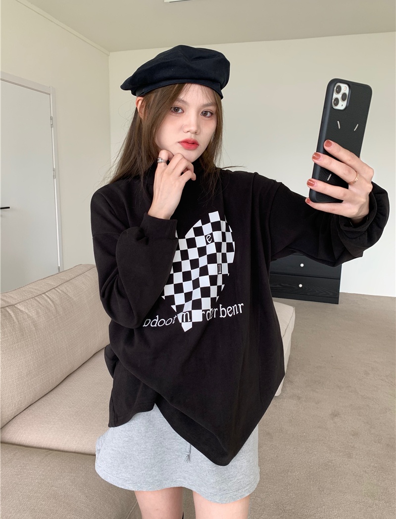 Chessboard plus velvet loose high collar thick heart tops