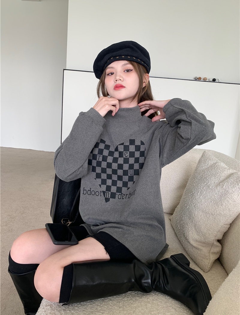 Chessboard plus velvet loose high collar thick heart tops