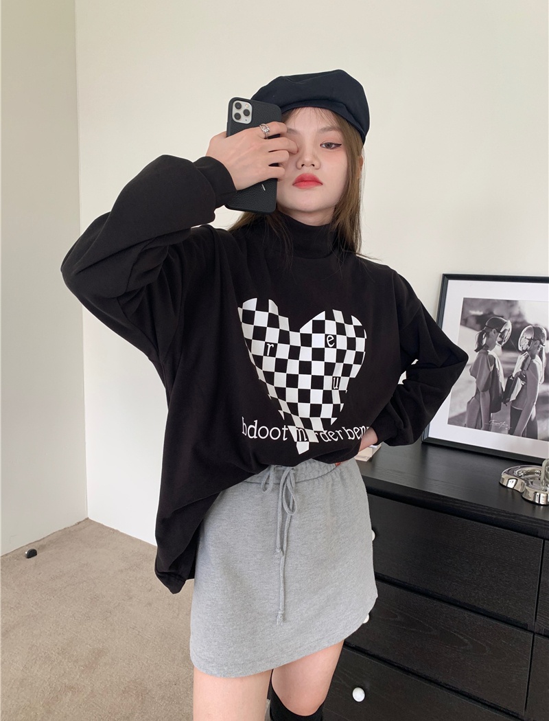 Chessboard plus velvet loose high collar thick heart tops