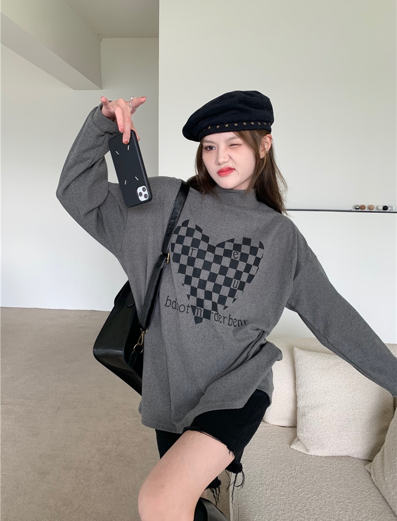 Chessboard plus velvet loose high collar thick heart tops