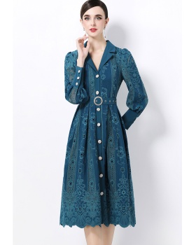 Lapel pinched waist temperament elegant France style dress