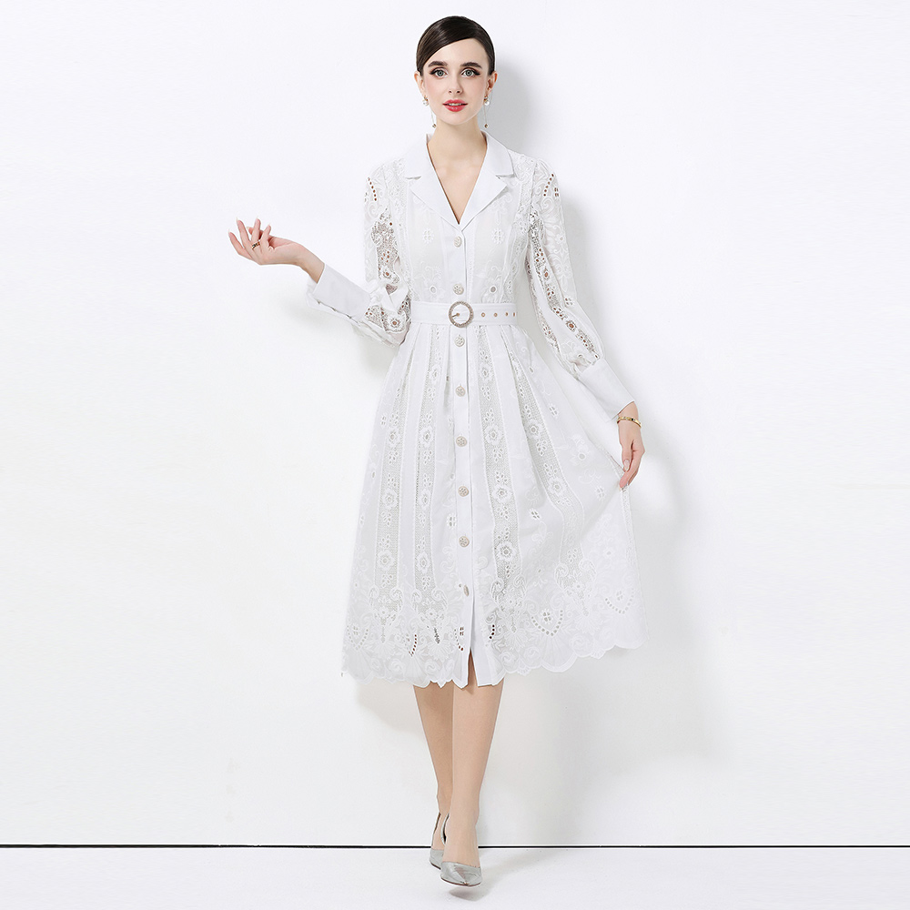 Lapel pinched waist temperament elegant France style dress