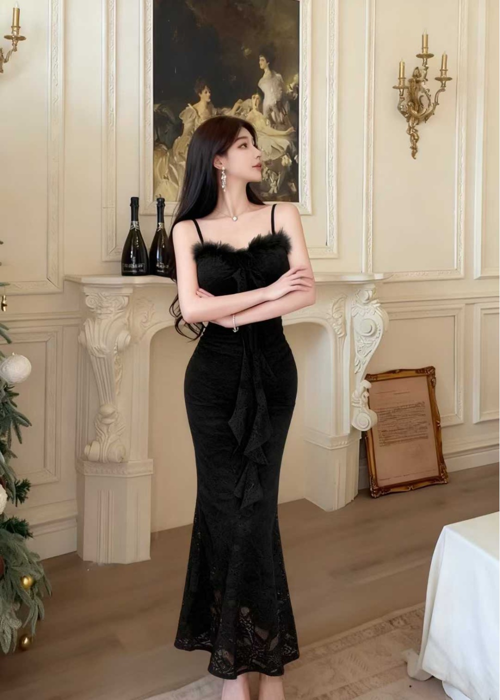 Slim summer ladies lace retro mermaid splice sling dress