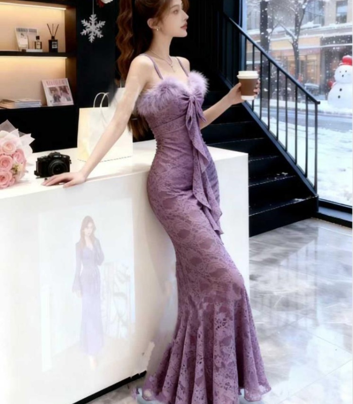 Slim summer ladies lace retro mermaid splice sling dress